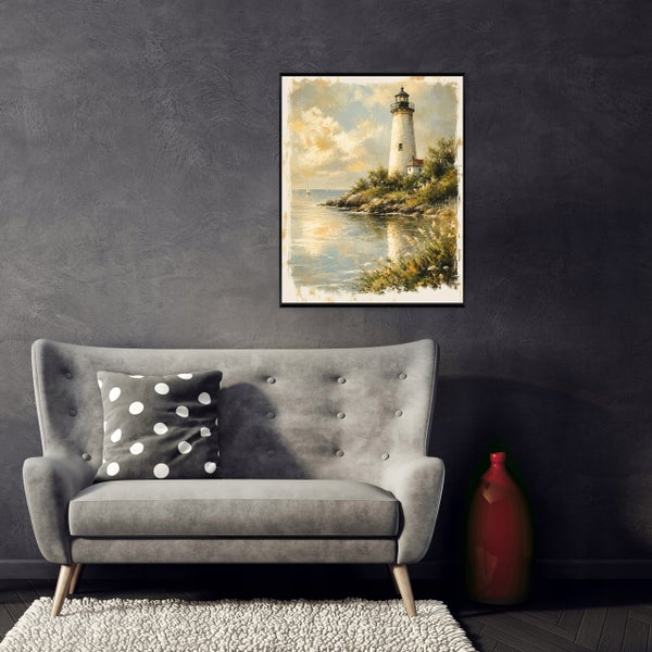 Wandbild mit Leuchtturmmotiv über einem modernen Sofa in einem stilvoll eingerichteten Wohnbereich mit strukturierter Wandgestaltung.