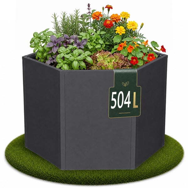 Sechseckiges Hochbeet aus Metall, bepflanzt mit Kräutern und Blumen, Fassungsvermögen 504 Liter.