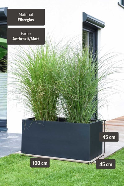 Rechteckiger Pflanzkübel aus Fiberglas in Anthrazit matt, 100 mal 45 mal 45 Zentimeter, bepflanzt mit Ziergras auf einer Terrasse.
