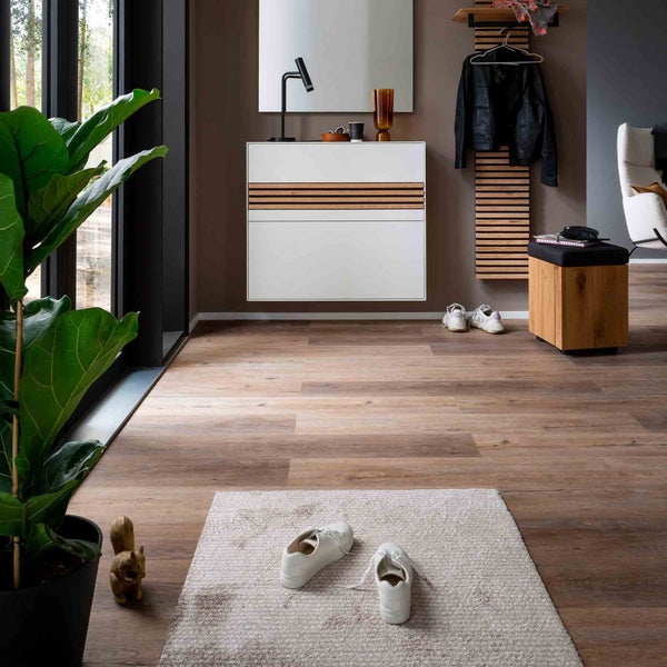 Eingangsbereich mit Schuhschrank, Spiegel, Garderobe und Holzfußboden