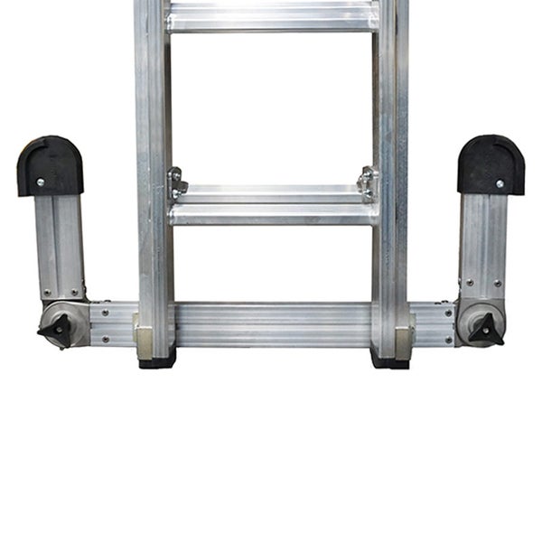 Detailansicht einer Aluminiumleiter mit Stabilisierungsfüßen.