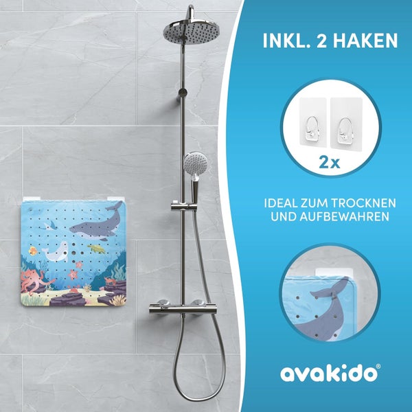 avakido® Duschmatte rutschfest Kinder - 100% BPA frei Inklusive 2 Haken zum Trocknen - Antirutschmatte, Duscheinlage - schimmelresistent & maschinenwaschbar