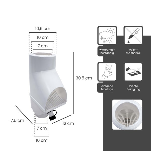 Regenwasserklappe mit Maßangaben und Produktmerkmalen