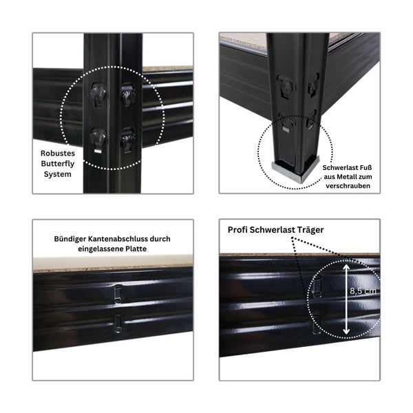 PROREGAL Mega Deal 4x Profi Schwerlastregal Rhino, HxBxT 180x240x60cm, 4 Spanplatten-Ebenen 8mm, Fachlast 450kg, Schwarz