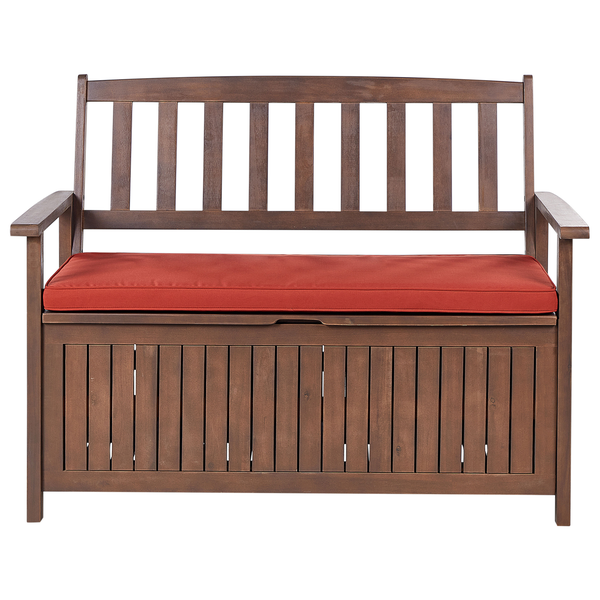Gartenbank mit Auflage SOVANA 120 cm mit Stauraum Akazienholz Rot