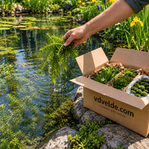 Person setzt Teichpflanzen aus einem Versandkarton von Vdvelde in einen Gartenteich ein.