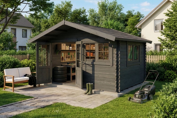 Dunkelgraues Gartenhaus aus Holz mit Doppeltür in einem Garten mit Rasenmäher, Sitzbank und Steinweg.