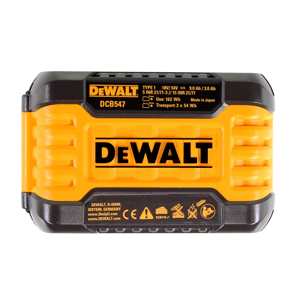 DeWALT DCB547 XR Flexvolt Akku für 18 Volt oder 54 Volt mit einer Kapazität von 9 Ampere Stunden.