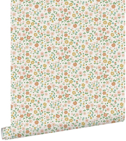 ESTAhome Tapete Blumen Ockergelb, Hellrosa und Terrakotta - 53 cm x 10.05 m - 139467