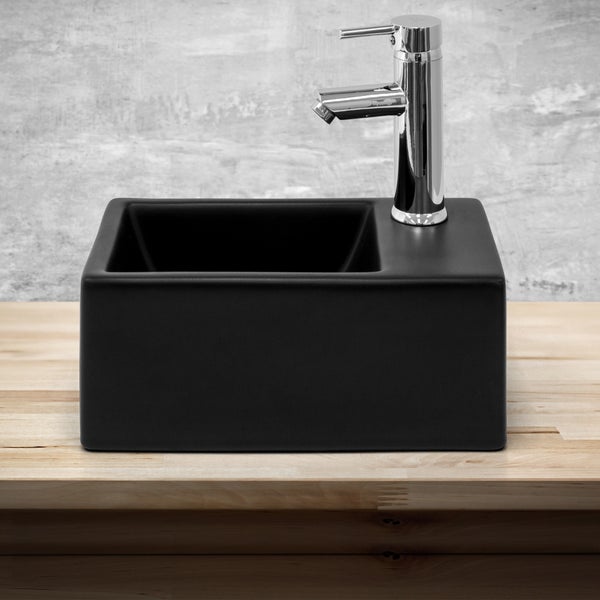 ML-Design Waschbecken Keramik Schwarz matt 35,5x20,5x12,5 cm klein inkl. Ablaufgarnitur, Moderne Aufsatzwaschbecken ohne Überlauf, Hahnloch rechts, Waschtisch Waschschale Waschplatz, für Badezimmer
