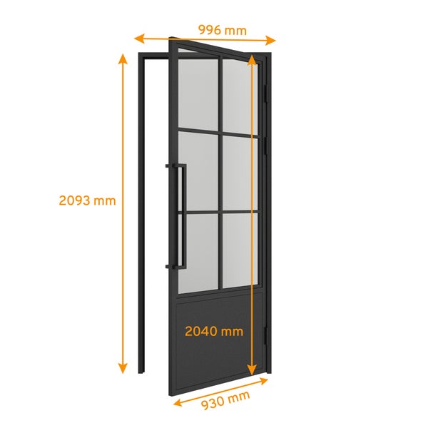 Loft Glastür 930x2040mm Klarglas Komplettset mit Beschlag DIN Rechts 6 Felder Kickplatte - Griffstange und Zarge