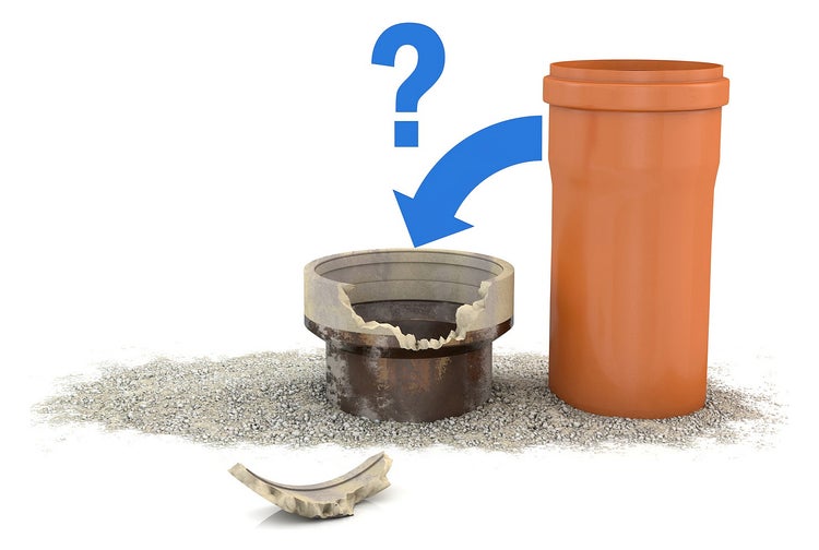 Illustration zum Austausch eines beschädigten Abwasserrohrs durch ein neues Kanalgrundrohr neben einem Bruchstück auf Kies.