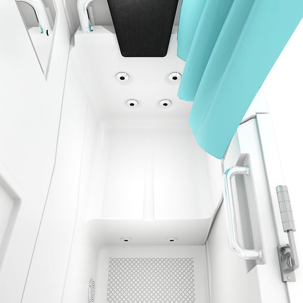 Draufsicht einer Sitzwanne mit Whirlpool-Düsen, integriertem Sitz, schwarzer Kopfstütze und verchromten Haltegriffen.