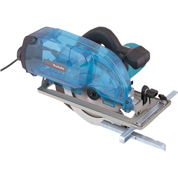 Makita Handkreissäge mit blauem transparentem Staubauffangbehälter und Führungsschiene.