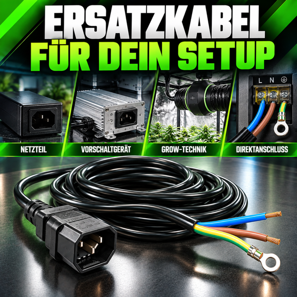Schwarzes Ersatzkabel mit Kaltgerätestecker und offenen Aderenden für Netzteile, Vorschaltgeräte, Grow Technik und Direktanschluss.