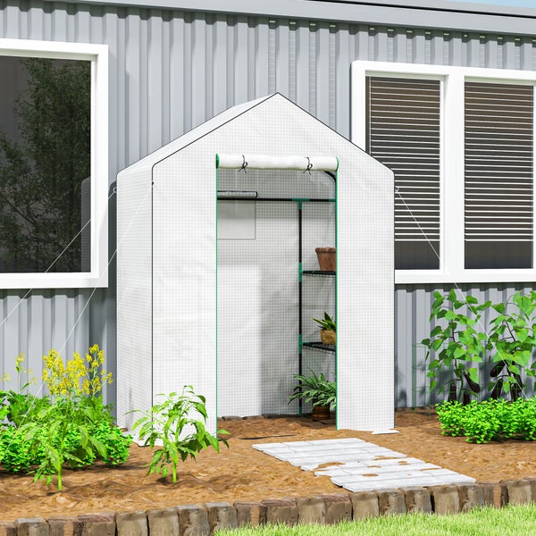 Outsunny Gewächshaus mit Rolltür, Fenster, Regale, winterfest Foliengewächshaus aus Stahl, Treibhaus für Balkon, Garten, Tomatenhaus 143 x 74 x 190 cm, Tomatengewächshaus für Tomaten, Gemüse, Weiß