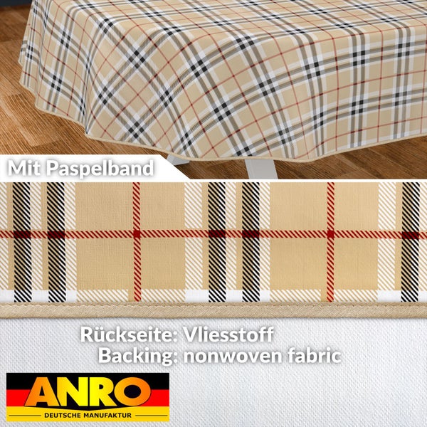 Tischdecke mit Karomuster und Paspelband sowie Rückseite aus Vliesstoff