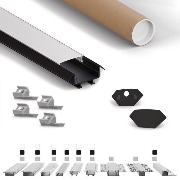 LED Aluminium Einbauprofil Set mit Abdeckung, Befestigungsclips, Endkappen und Transportrohr, inklusive Übersicht verschiedener Profilvarianten.