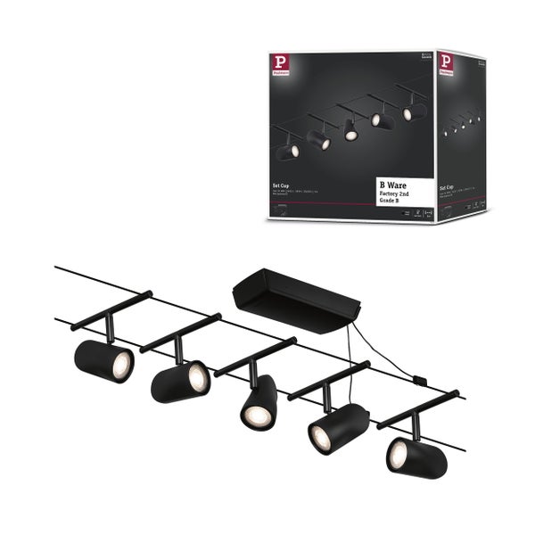 Paulmann Logo. Beleuchtungssystem mit fünf Strahlern und Verpackung.