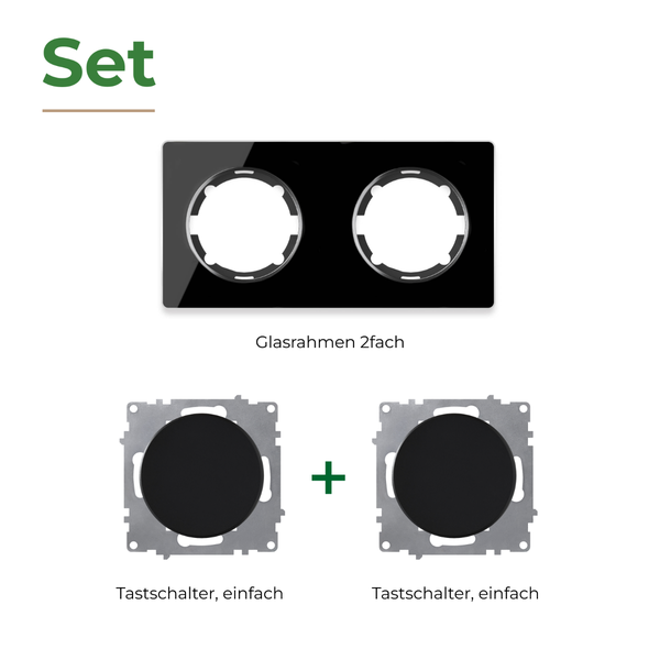 Set bestehend aus einem zweifachen Glasrahmen und zwei Tastschaltern für die Unterputzinstallation.