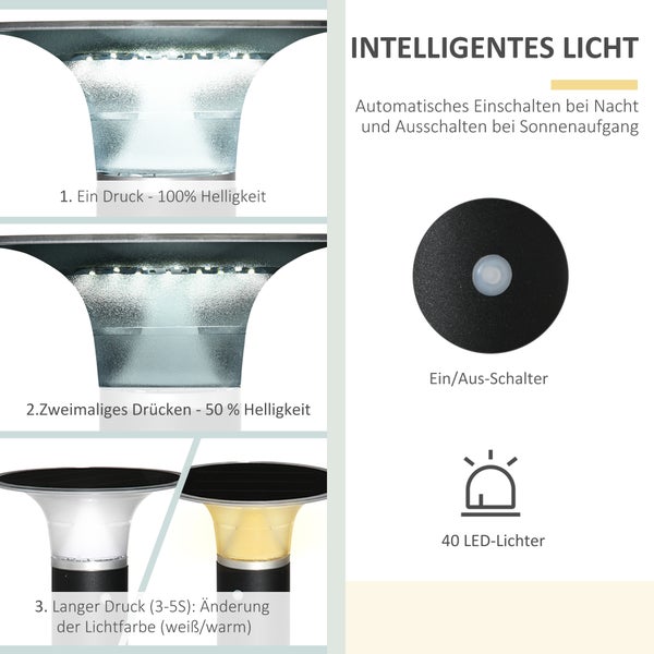 Outsunny Solarlampen für Außen, Gartenleuchte mit Solarpaneel, 2 Lichtmodi, Ø23,5 x 60 cm, Aluminium , Schwarz