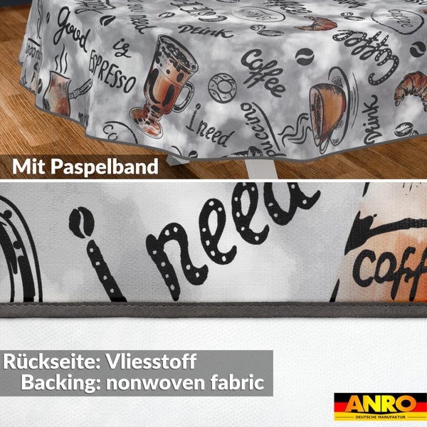 Tischdecke mit Kaffeemotiven, Paspelband und Vliesstoff-Rückseite. ANRO Logo.