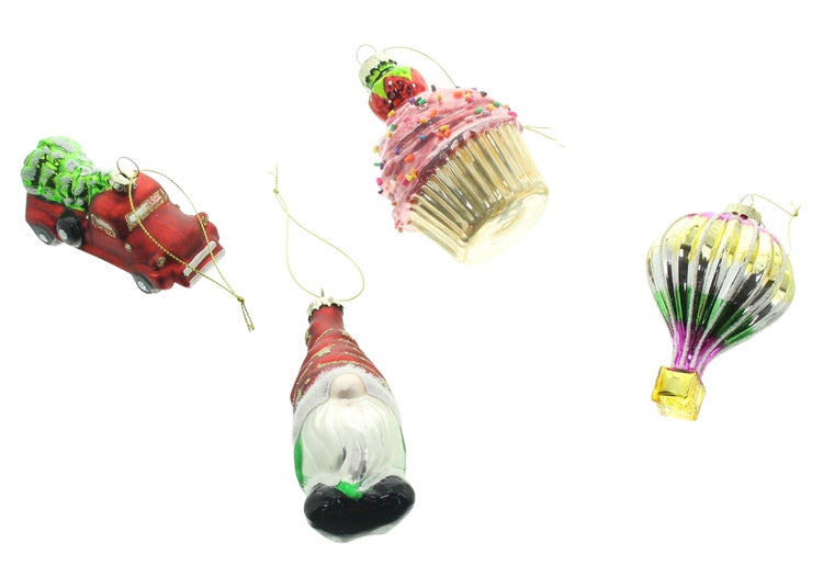 Weihnachtsbaumschmuck-Set mit LKW, Cupcake, Wichtel und Heißluftballon