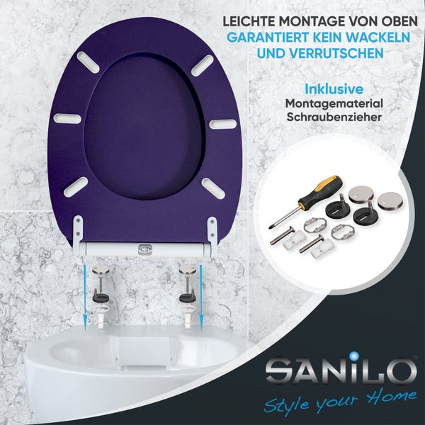 Infografik zur Montage eines Sanilo WC-Sitzes von oben auf ein Toilettenbecken, inklusive Befestigungsmaterial und Schraubenzieher. Sanilo Logo.