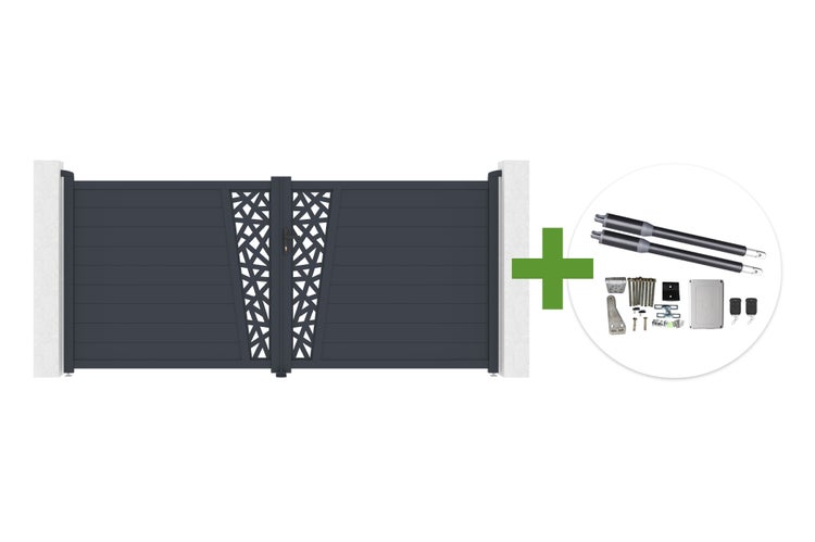 Zweiflügeliges Einfahrtstor aus Aluminium mit dekorativem Gittermuster und elektrischem Drehtorantrieb-Set.