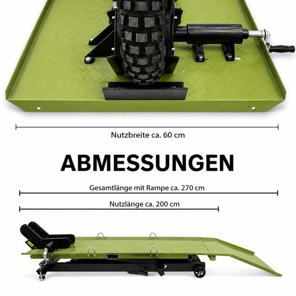 Abmessungen der Motorradhebebühne: Nutzbreite circa 60 cm, Gesamtlänge mit Rampe circa 270 cm, Nutzlänge circa 200 cm.