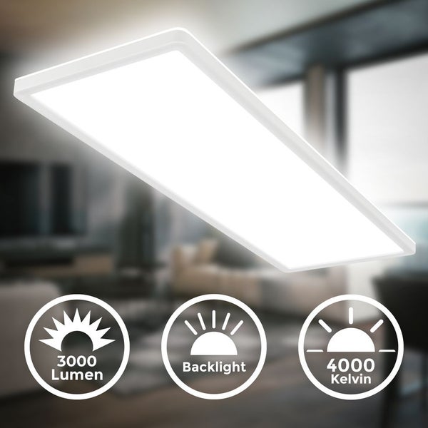 Rechteckiges LED-Panel als Deckenleuchte für Wohnräume, 3000 Lumen, Backlight-Funktion, 4000 Kelvin neutralweißes Licht.
