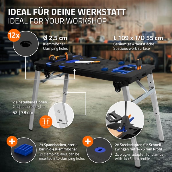 ECD Germany 7 in 1 Multifunktionale Werkbank klappbar, 109x55 cm, Mobile Werktisch, 150-250 kg Tragkraft, Spanntisch mit Winkelmarkierung, Arbeitstisch Werkstatt höhenverstellbar, Handwagen Rollbrett
