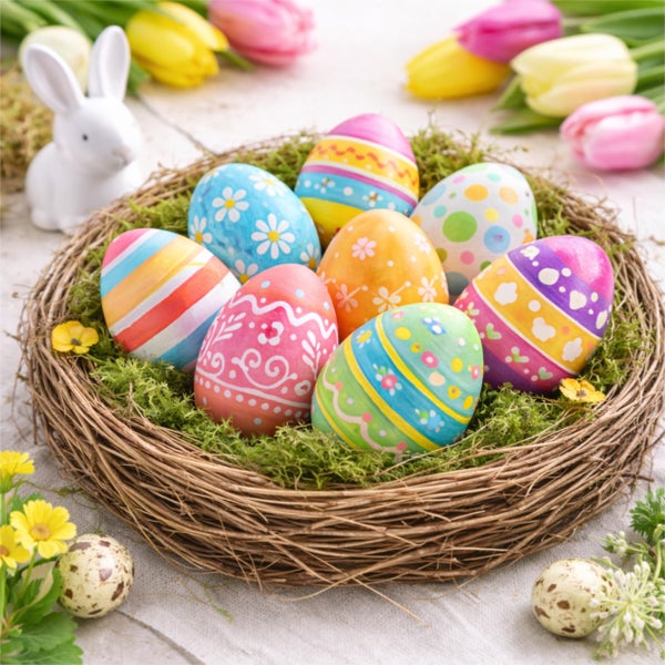 Vogelnest mit Moos und bunt bemalten Ostereiern sowie ein weißer Hase und farbenfrohe Tulpen im Hintergrund.