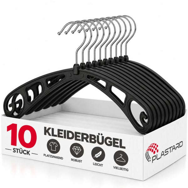 Set mit 10 robusten und leichten Kleiderbügeln aus Kunststoff von Plastard in einer Verpackung.
