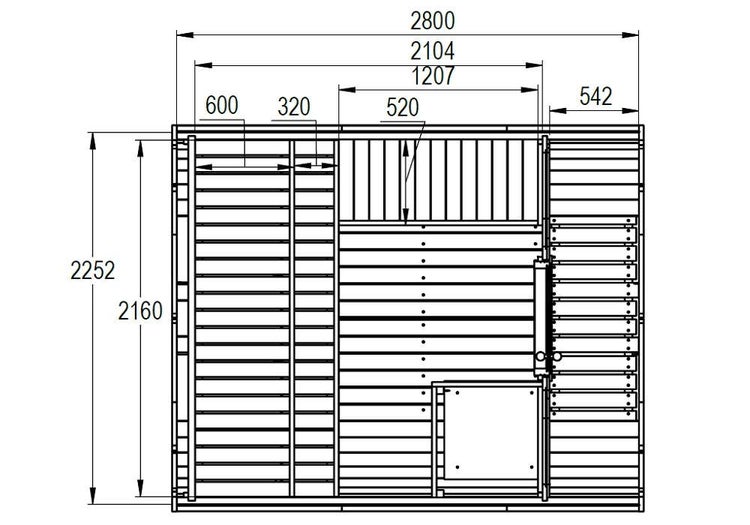 Maßzeichnung eines Wandelements aus Holz mit einer Gesamtbreite von 2800 Millimetern und einer Höhe von bis zu 2252 Millimetern.