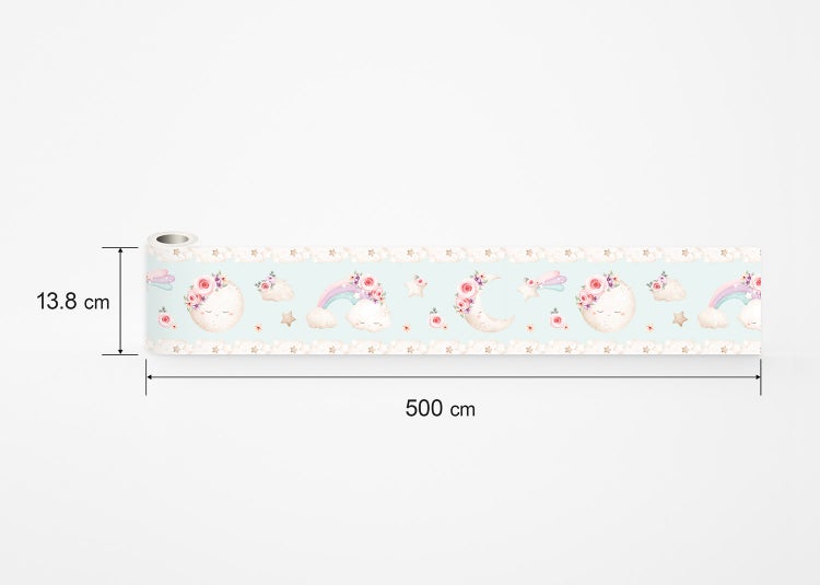 Tapetenbordüre für das Kinderzimmer mit schlafendem Mond, Sternen, Regenbogen, Wolken und Blumenmotiven.