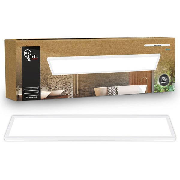 Rechteckiges LED Panel mit neutralweißem Licht und Hintergrundbeleuchtungseffekt, B.K. Licht Logo auf der Verpackung, Schutzart IP44.