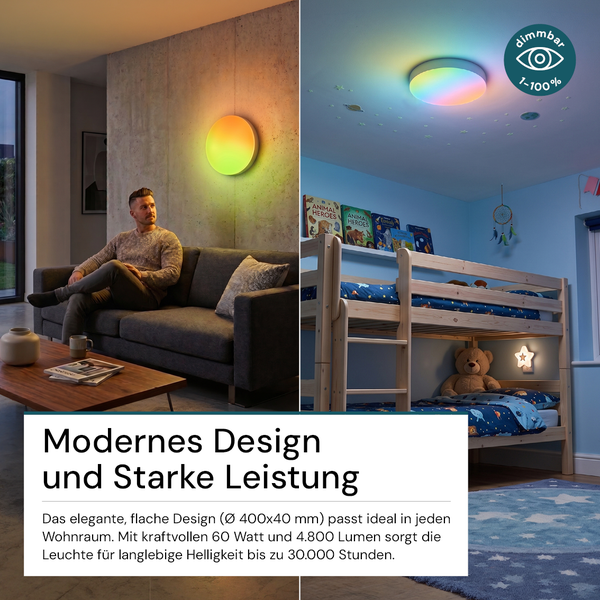 Runde LED Deckenleuchte mit RGB Farbwechsel und Dimmfunktion in Wohnzimmer und Kinderzimmer, 60 Watt, 4800 Lumen, Durchmesser 400 Millimeter.