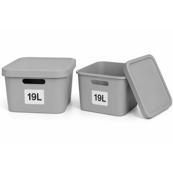 Zwei quadratische Kunststoff Aufbewahrungsboxen mit Deckel und 19 Liter Volumen