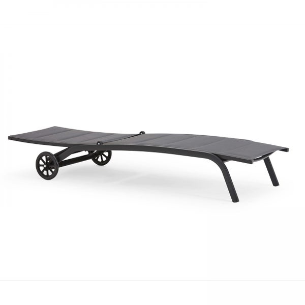 Sonnenliege aus Aluminium mit Textil-Bespannung, ergonomisch geformt, mit zwei Rollen, Farbe Anthrazit.
