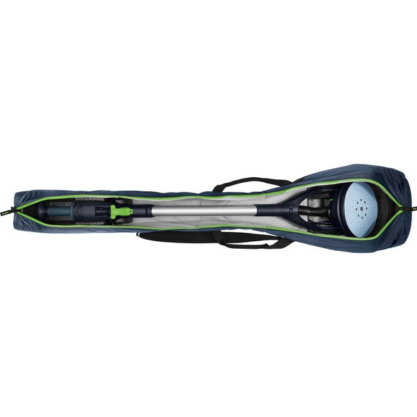 Langhalsschleifer in einer geöffneten Transporttasche aus Textil mit Reißverschluss.