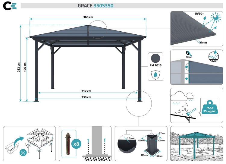 Aluminium Pavillon GRACE 350S350 Anthrazitgrau