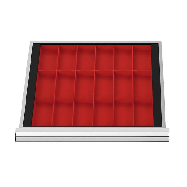 Schubladeneinsatz mit 18 roten Fächern aus Kunststoff für Werkzeugschränke zur Organisation von Kleinteilen.