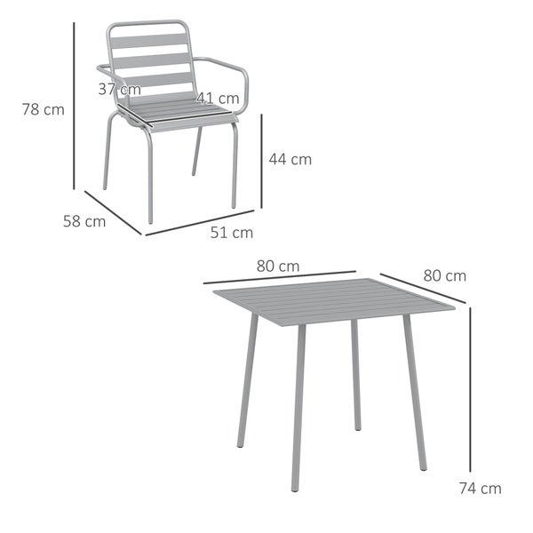 Maßzeichnung eines Gartenstuhls und eines quadratischen Gartentischs mit Angaben zu Höhe, Breite und Tiefe in Zentimetern.
