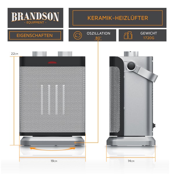 Brandson Heizlüfter, Keramikheizlüfter 1800W, 2 Leistungsstufen, Thermostat, Oszillation 80°, Überhitzungsschutz, Automatische Abschaltung