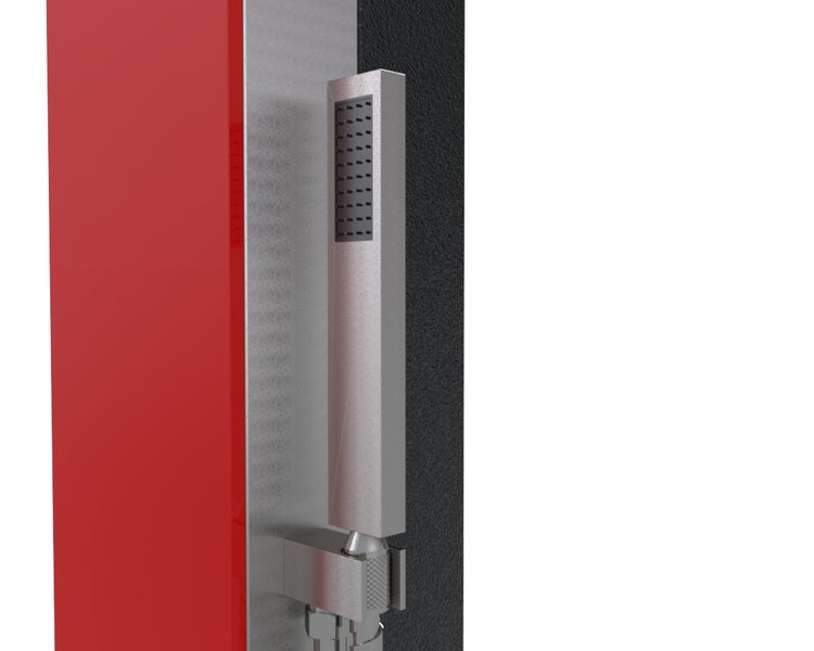 Rechteckige Handbrause aus gebürstetem Edelstahl in einer Wandhalterung.