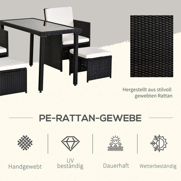 Outsunny 11tlg. Polyrattan Gartenset, mit Kissen, 120L x 60B x 75H cm, Metall, Hartglas, Polyester, Schwarz