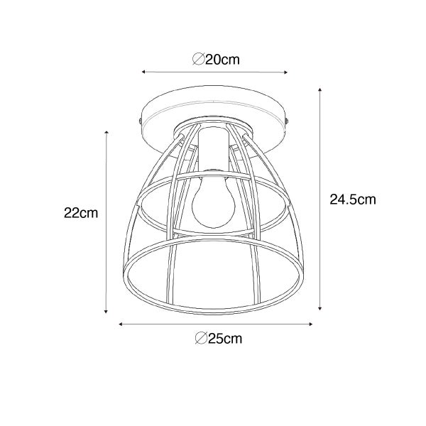 Strichzeichnung einer Deckenleuchte im Industriedesign mit Maßen: Durchmesser 25 cm, Höhe 24,5 cm, Schirmhöhe 22 cm, Deckenhalterung 20 cm.