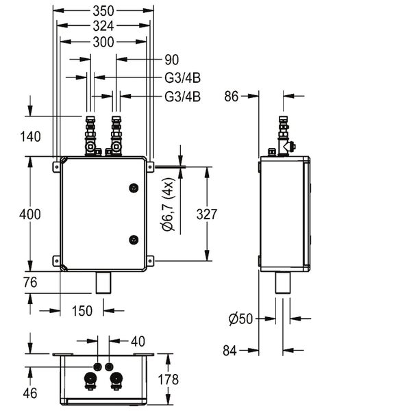 Technische Zeichnung mit Maßangaben für einen Pumpenschacht oder Verteilerkasten mit Anschlüssen und Befestigungspunkten.
