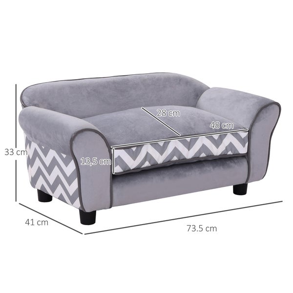 PawHut Hundesofa, Haustiersofa mit erhöhten Füßen, Hundecouch, Hundeliege mit Kissen, Hundebett, Katzensofa, Waschbar, Samt, Grau, 73,5 x 41 x 33 cm